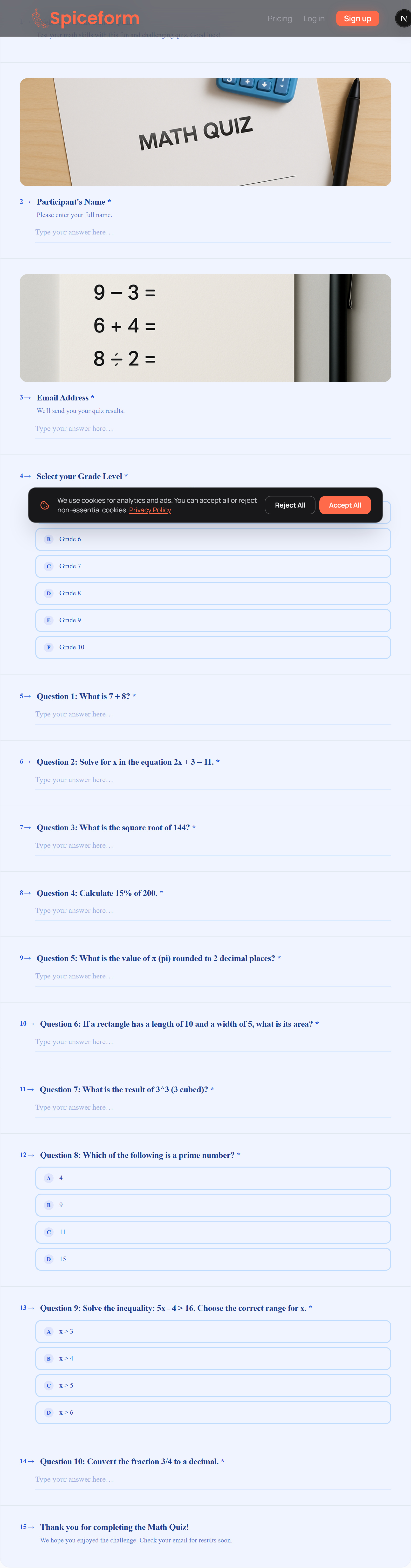 Math Quiz Template | Spiceform